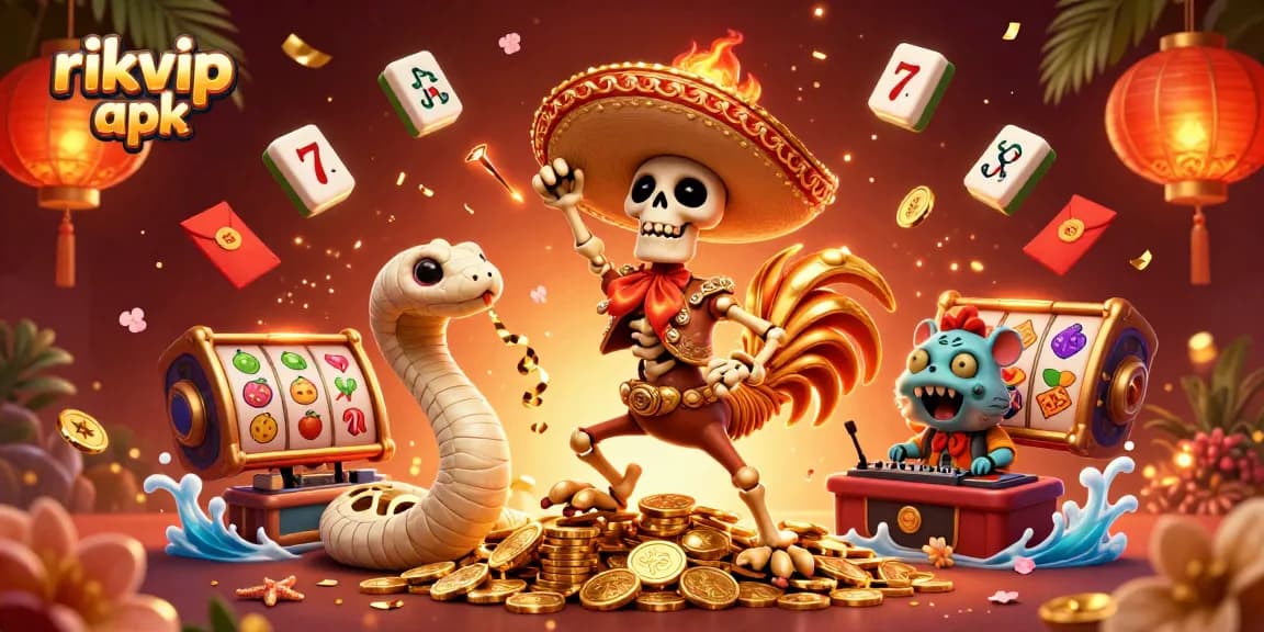 Experience the thrill of the rikvip apk in a vibrant casino scene with festive characters and dynamic elements.