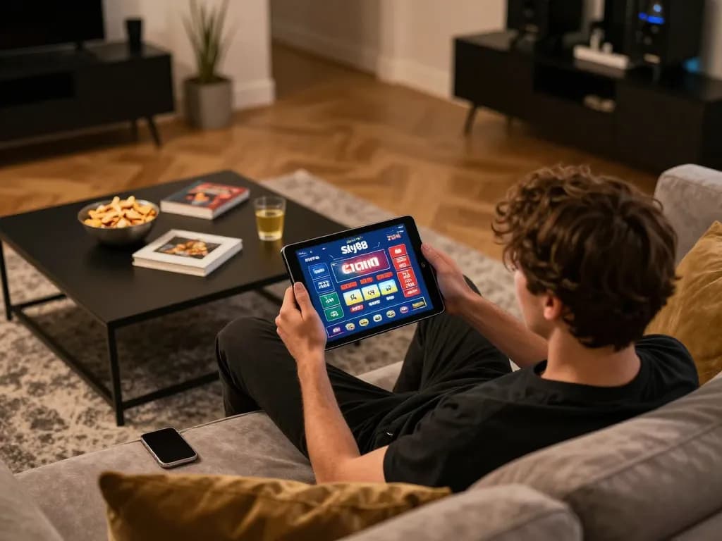 Person enjoys online gambling experience with Sky88 chính thức on tablet, surrounded by cozy home atmosphere