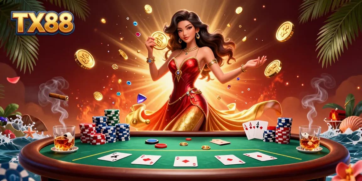 Experience the excitement of TX88 with a stunning Asian woman celebrating a jackpot amidst dynamic casino elements.