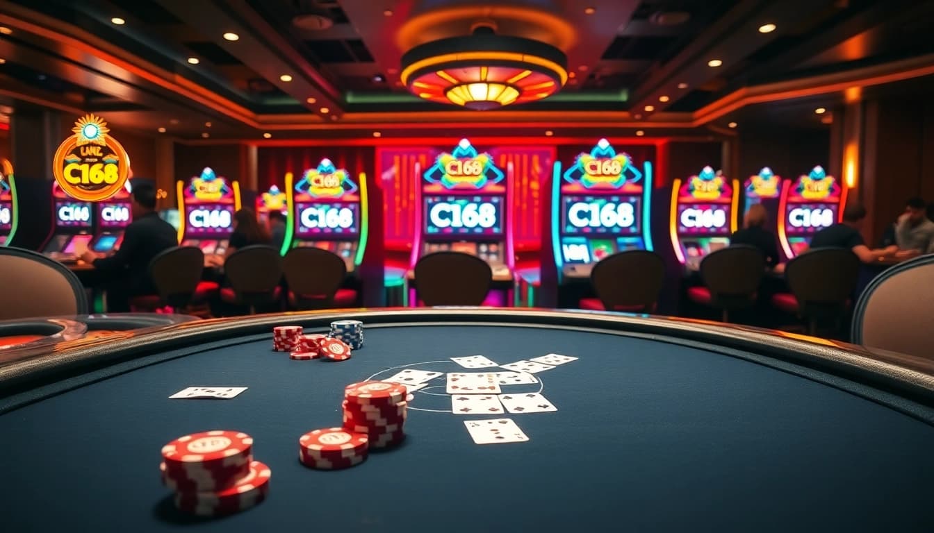Players enjoying a thrilling game at C168 casino, surrounded by vibrant slot machines and blackjack action.