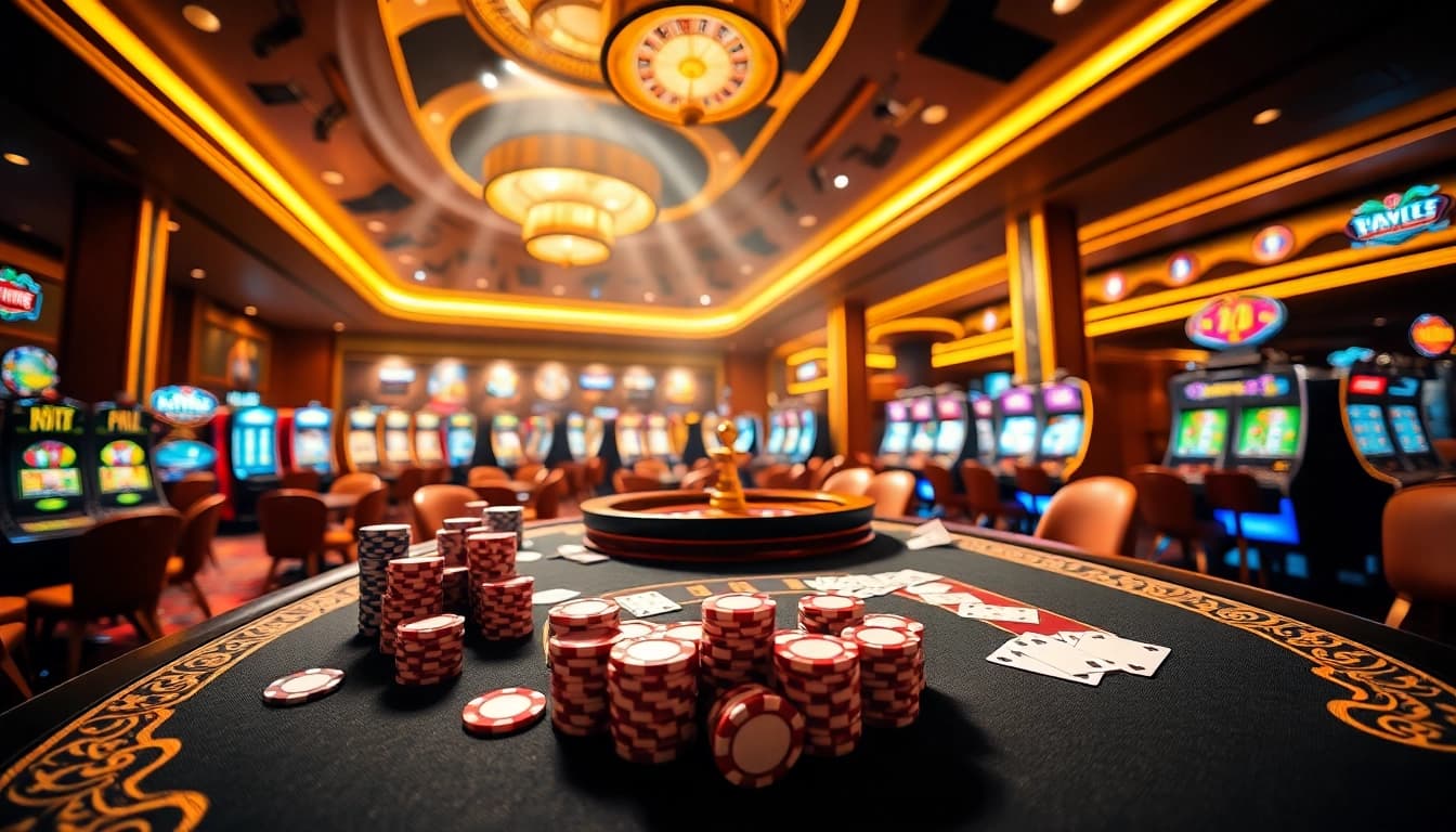 Experience the thrill of Bin88 with vibrant casino tables and exciting gambling visuals.