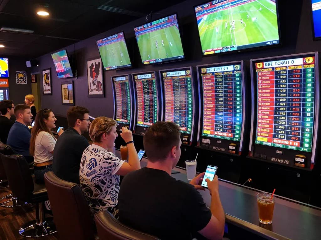 cm88 sports betting excitement in a lively casino atmosphere with patrons cheering and making bets