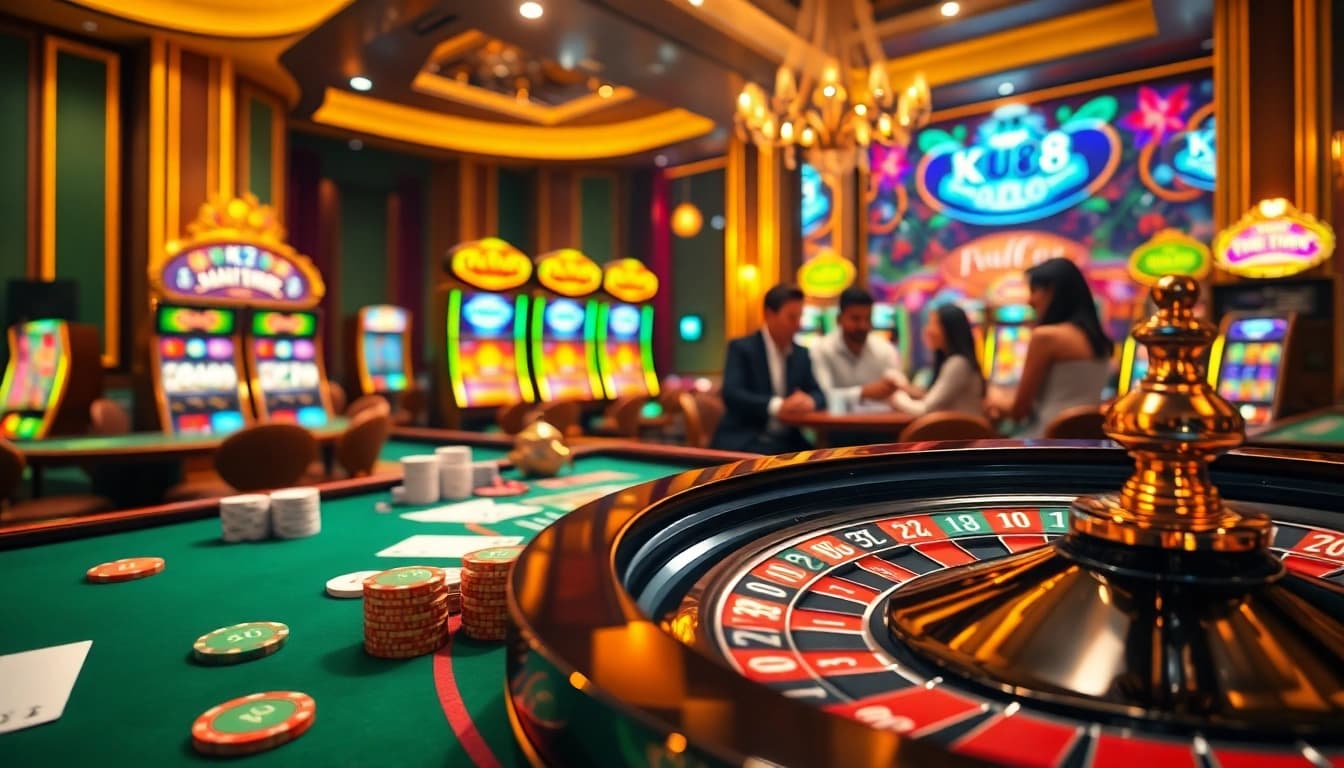 Engaging players at ku88 casino as they enjoy card games and roulette in a luxurious online setting.