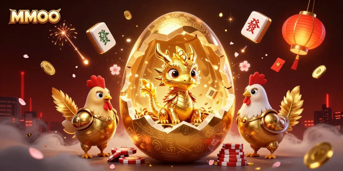 Experience thrilling gaming at MMOO with a golden dragon guarding colossal poker chips amidst festive elements.