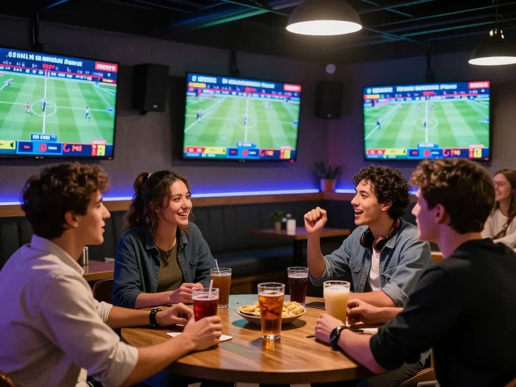 FABET enthusiasts cheering for their favorite teams, enjoying a thrilling sports betting experience with friends