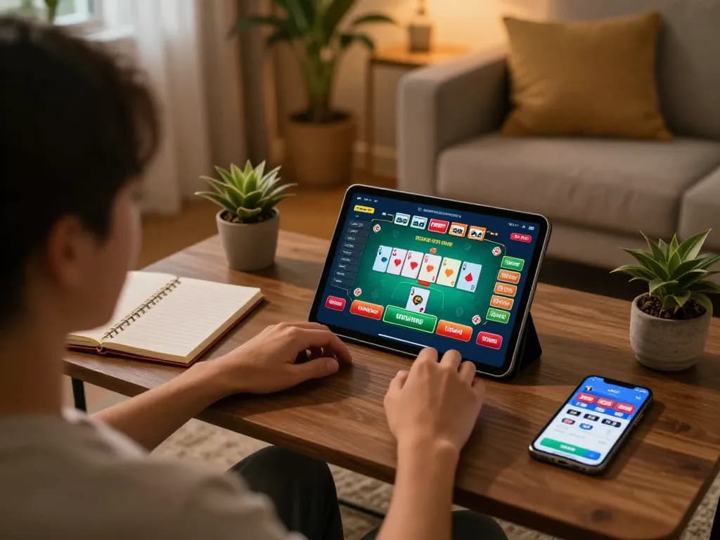 Experience dynamic poker gameplay at home with 78win app on tablet, creating an engaging betting atmosphere.