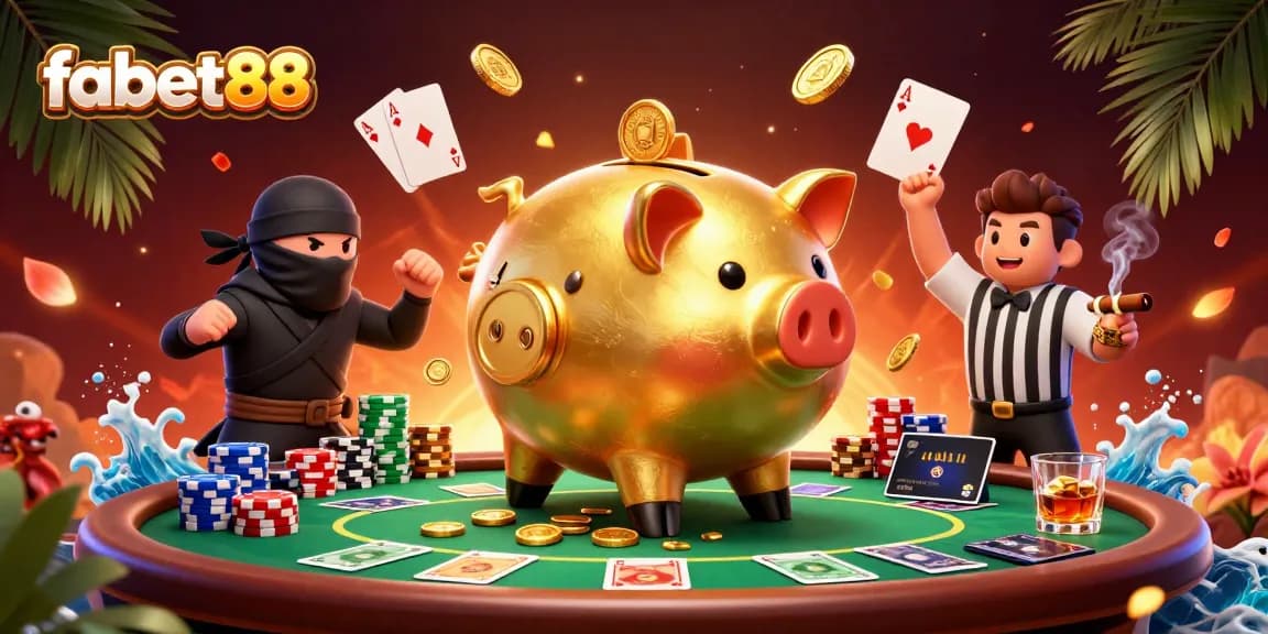 Engage in thrilling gambling at fabet88 with an exciting 3D casino scene showcasing dynamic characters and poker elements.