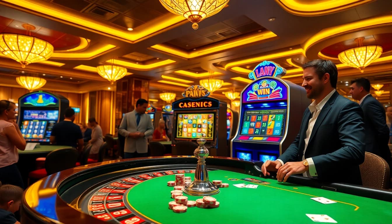 Experience a lucky win at a luxurious casino table with vibrant roulette and slot machines.