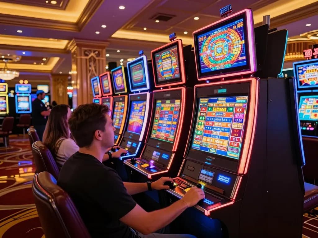 Red88 slot machines provide thrilling gameplay with vibrant lights and eager players, showcasing excitement.