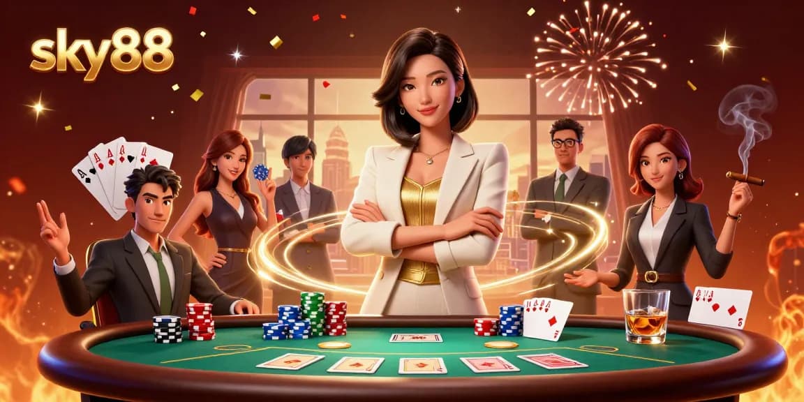 Engage in thrilling gameplay at sky88 with a glamorous Asian woman showcasing poker skills surrounded by vibrant casino elements.
