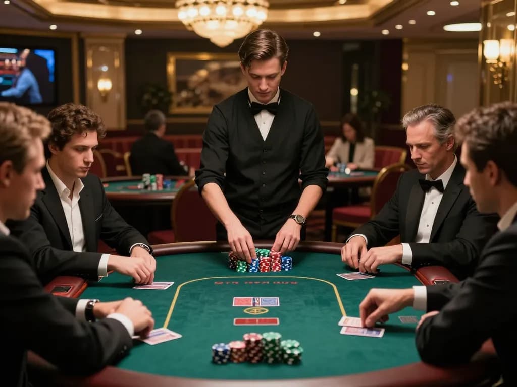 Players at JUN88 poker table strategizing during high-stakes game in elegant casino setting