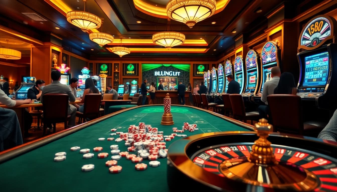 Dynamic casino gaming experience at TT88 featuring poker chips, roulette wheel, and vibrant slot machines.