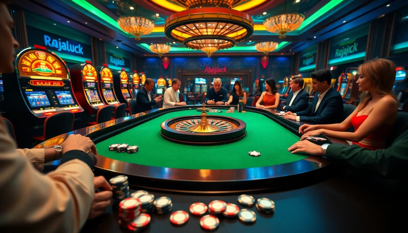 Gamble at Rajaluck's luxurious casino, enjoying a vibrant roulette game and thrilling atmosphere.