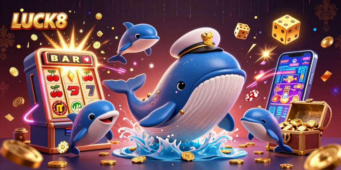 Win big with LUCK8 as a vibrant whale and dolphins celebrate in a casino-themed ocean of riches.