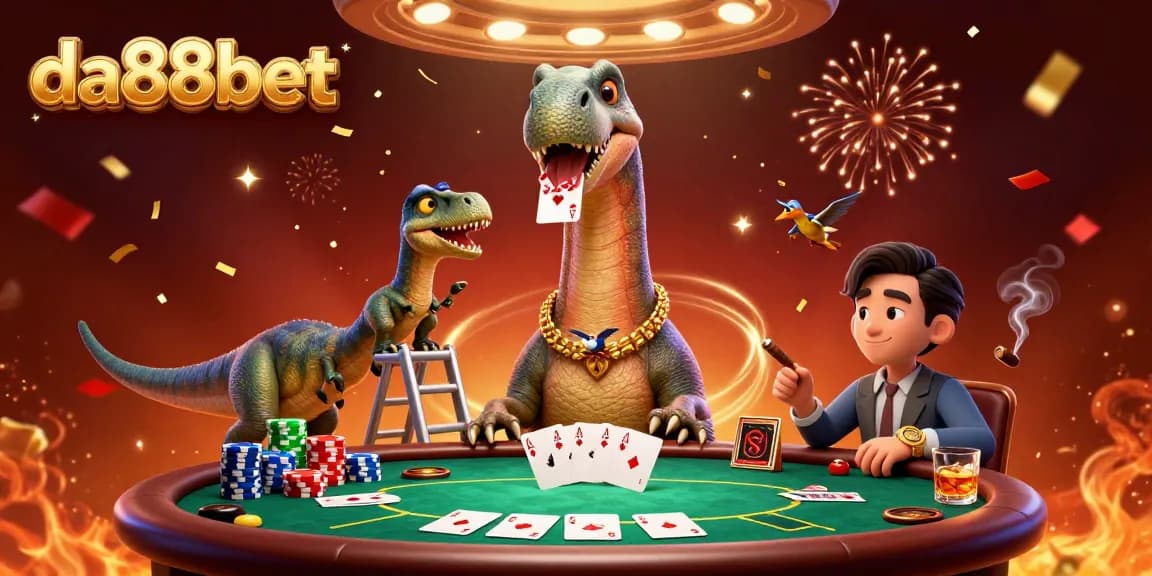 Experience thrilling poker action at da88bet with a whimsical scene featuring a brontosaurus and clever raptor.