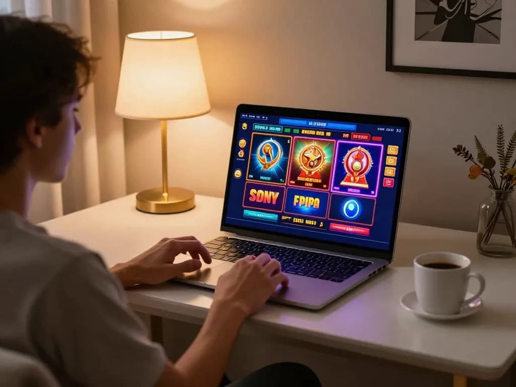 Engaged player enjoying online slots at nhà cái UU88 on sleek home setup, showcasing gaming excitement.