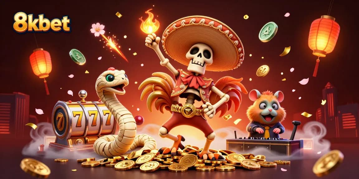 Engage in excitement with 8kbet's vibrant casino scene featuring a dancing skeleton and thrilling elements.
