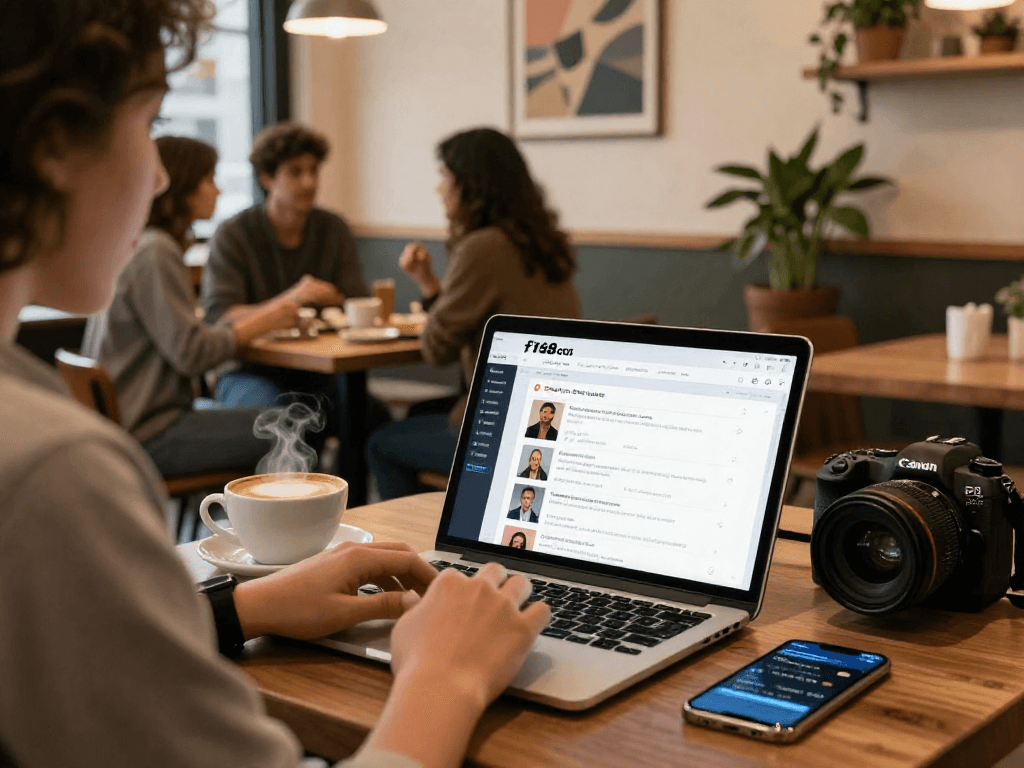 User engaging with f168 com dating platform on tablet in a cozy coffee shop setting, illustrating online dating experience.