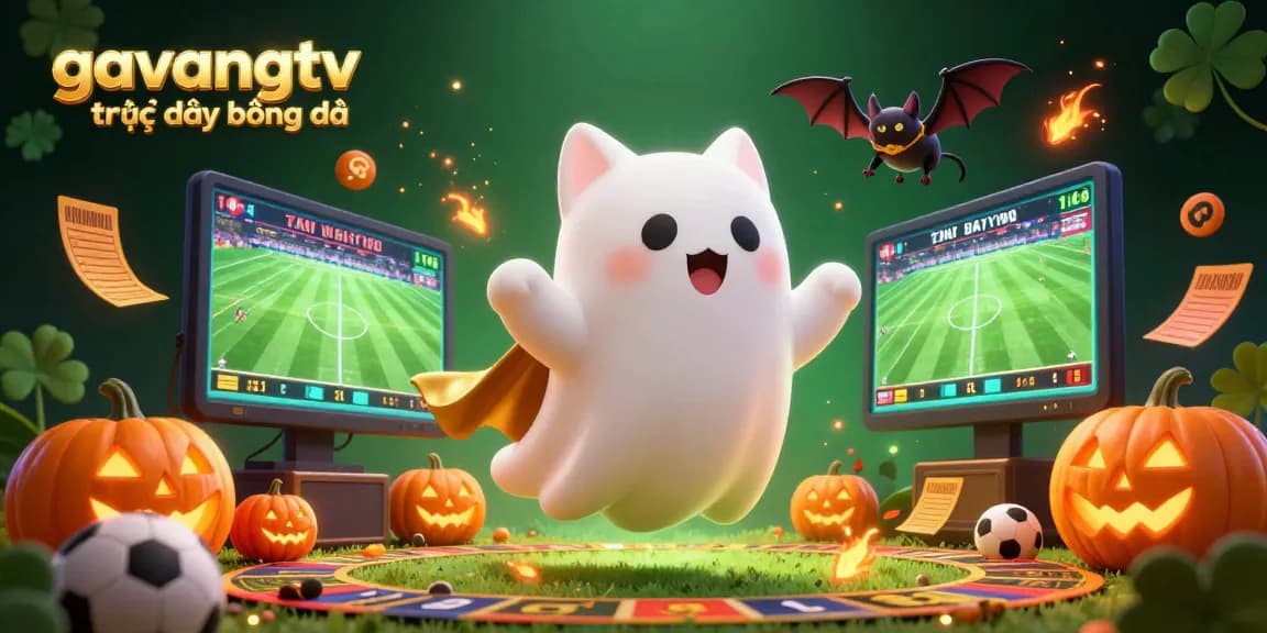 Experience the excitement of gavangtv trực tiếp bóng đá with a friendly ghost cat and vampire bat in a lively betting scene.