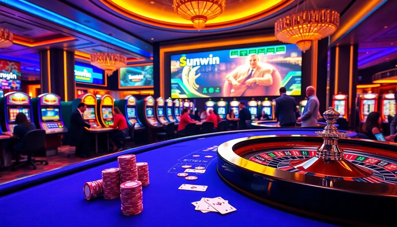 Experience the excitement of Sunwin casino gaming with vibrant poker tables, slot machines, and roulette wheels.