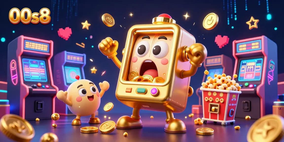 Experience the excitement of 00s8 as the golden slot machine celebrates its jackpot with cheering companions and a popcorn machine sidekick.
