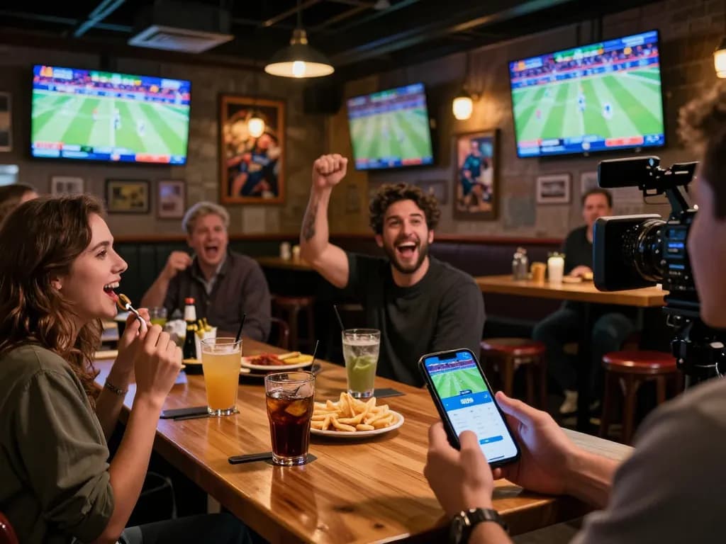 Patrons cheering for their teams while placing RR99 bet on smartphone in a lively sports bar.