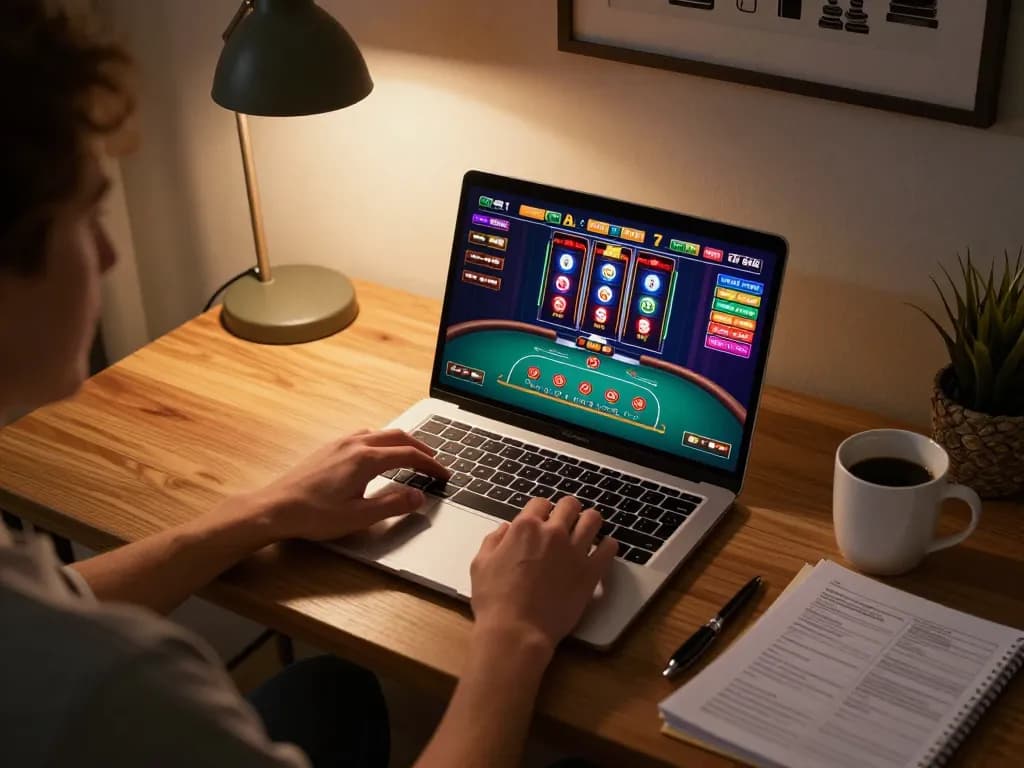 Person using a laptop for alo8 online gaming with poker graphics visible, cozy home setting.
