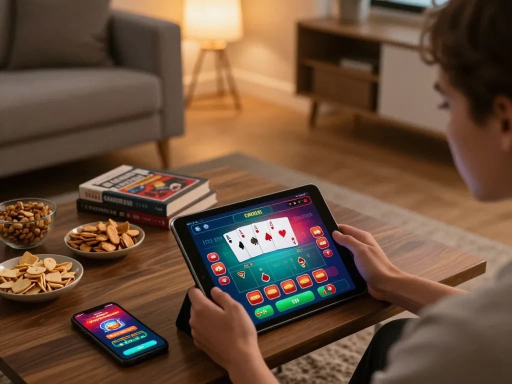 Engaging in online poker at Jun88 com with colorful app interface and cozy home setting.