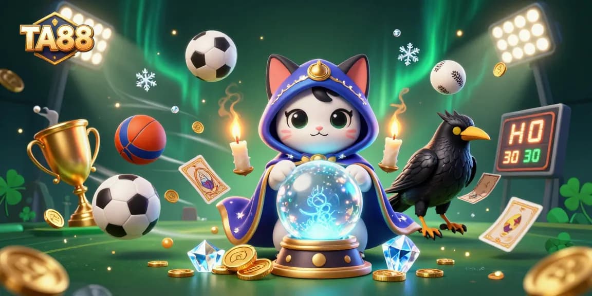 Experience dynamic betting action with TA88, featuring a fortune teller cat, raven, and vibrant sports elements.