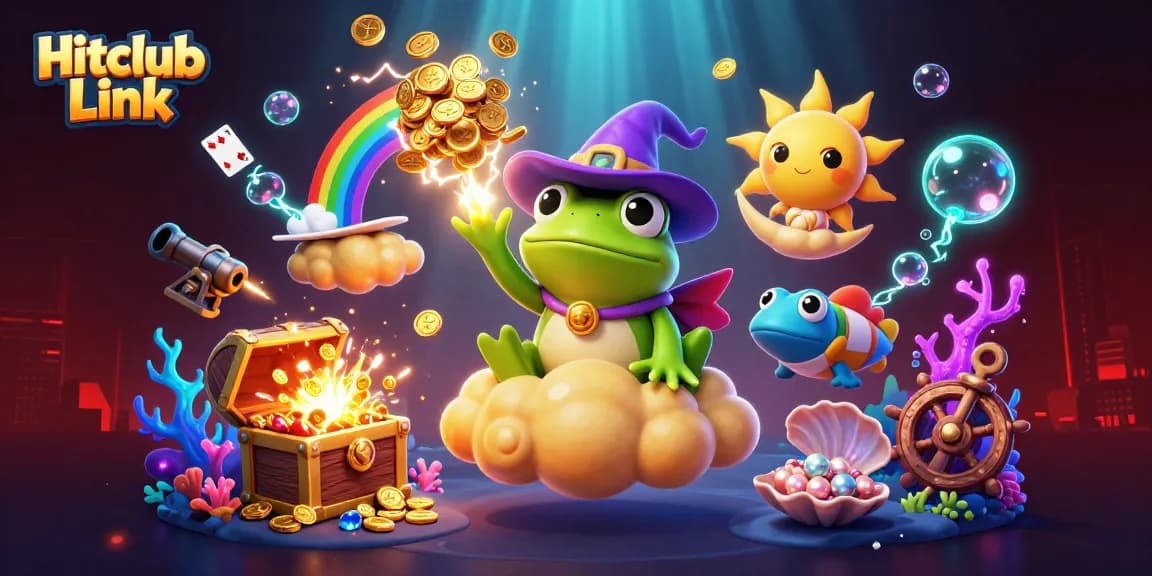 Experience the thrill of winning at Hitclub Link with vibrant casino elements, golden coins, and rich gaming visuals.