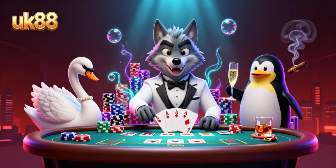 uk88 players enjoy high-stakes action at a glamorous baccarat table with engaging characters.