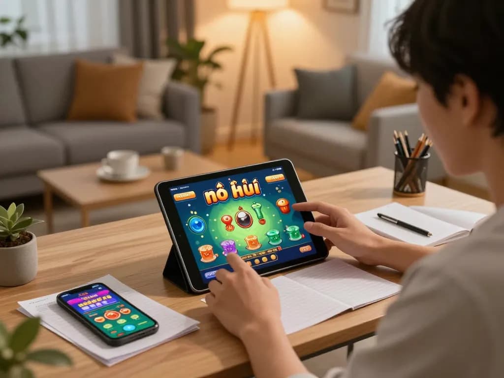 Engaging with nổ hũ game on tablet in a cozy home setting, showcasing online gambling experience.