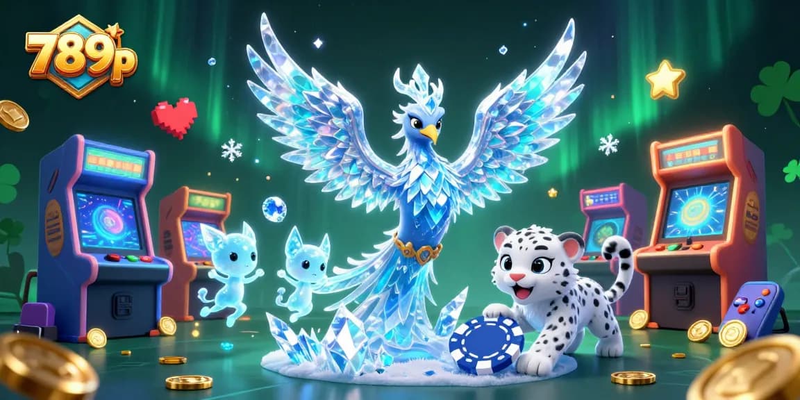 Spin the reels with 789p's vibrant gaming scene featuring a mystical ice phoenix and gaming elements.