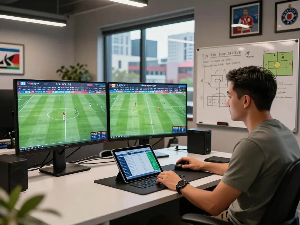 Tỷ lệ kèo bóng đá expert analyzing stats in a modern sports office.