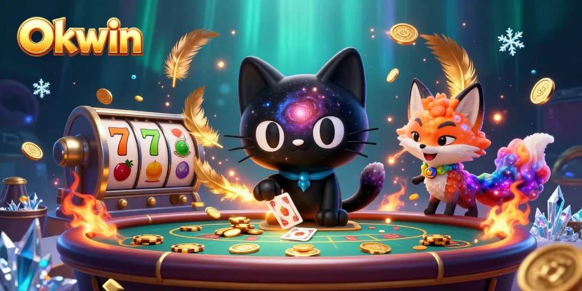 Okwin's cosmic casino scene captures a black hole cat attracting golden chips for thrilling gameplay.