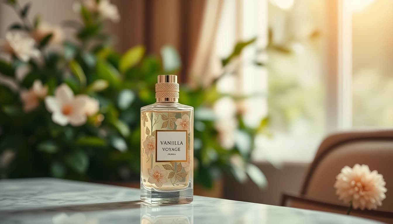 Presenting Vanilla Voyage by Maison Asrar in an elegant perfume display, emphasizing its luxurious design.