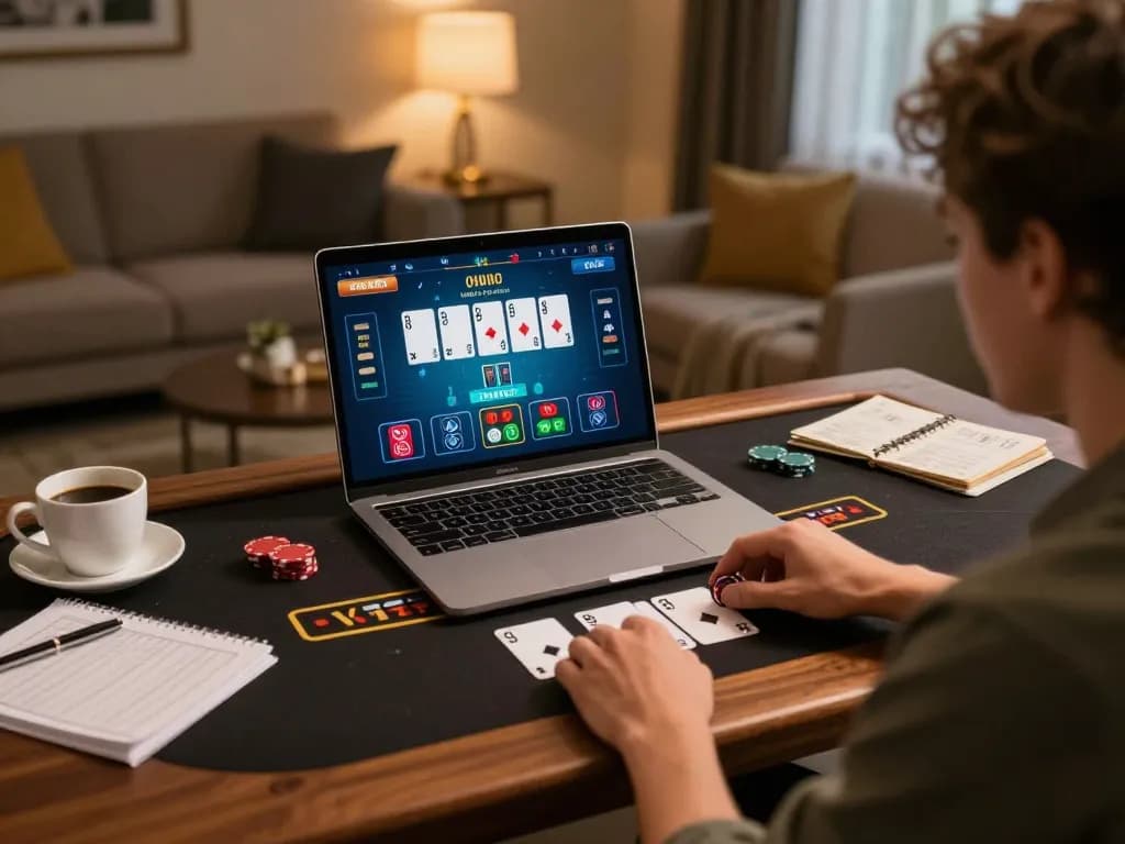 Engaging with live dealer game on laptop showcasing Link SC88 online casino gameplay in a cozy setting.
