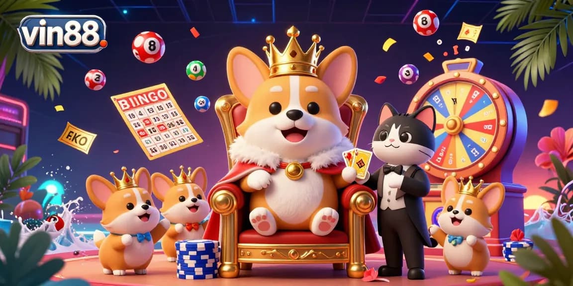 engage with thrilling games at vin88. featuring a royal corgi on a poker chip throne surrounded by vibrant casino elements