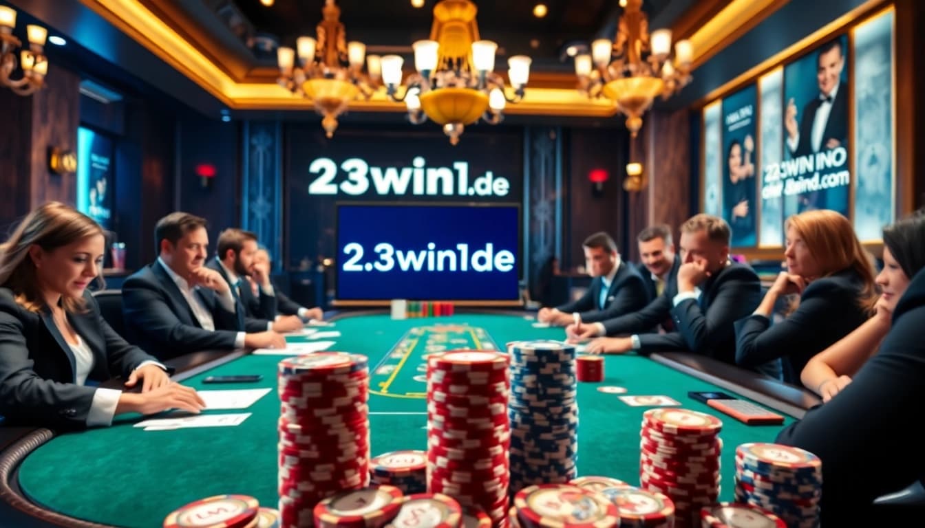 Players enjoying a thrilling game at 23win1.de.com poker table, showcasing strategy and excitement.