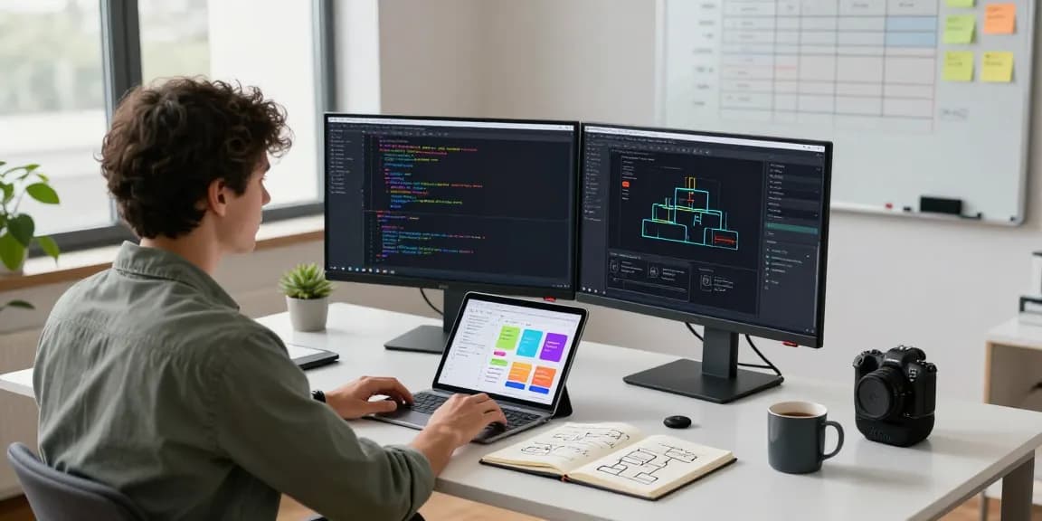 Professional workspace illustrating how to build internal tools with AI through coding and design activities.