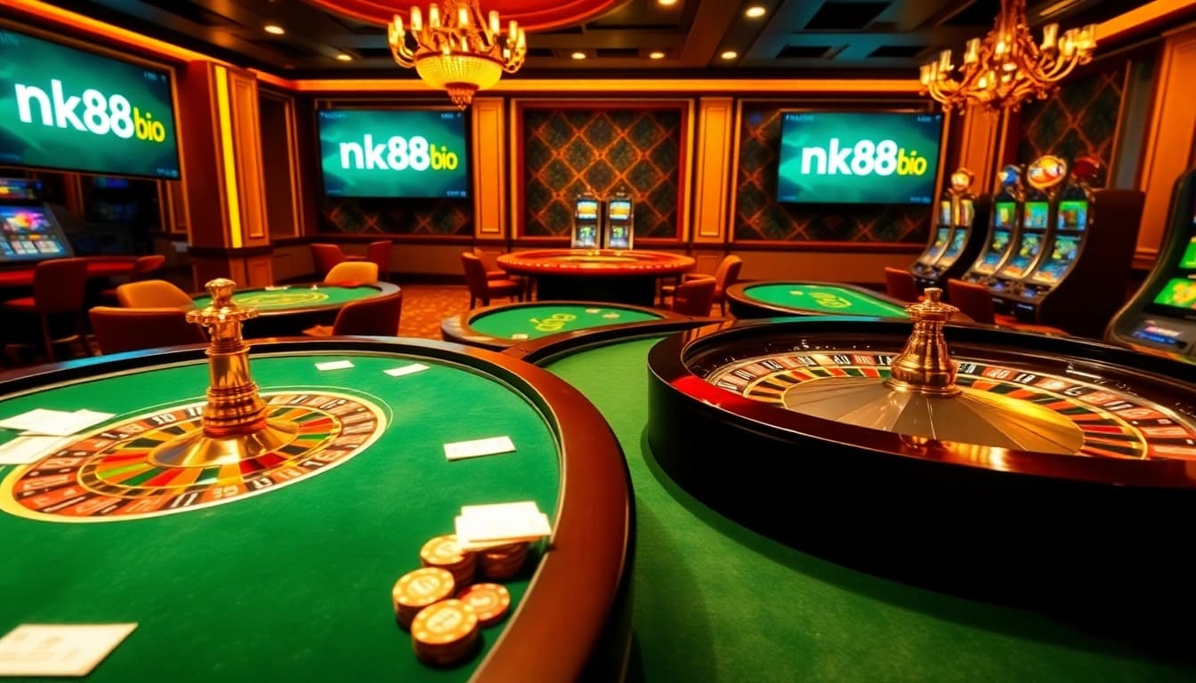 Navigating the nk88 bio online casino environment with excitement at vibrant gaming tables.