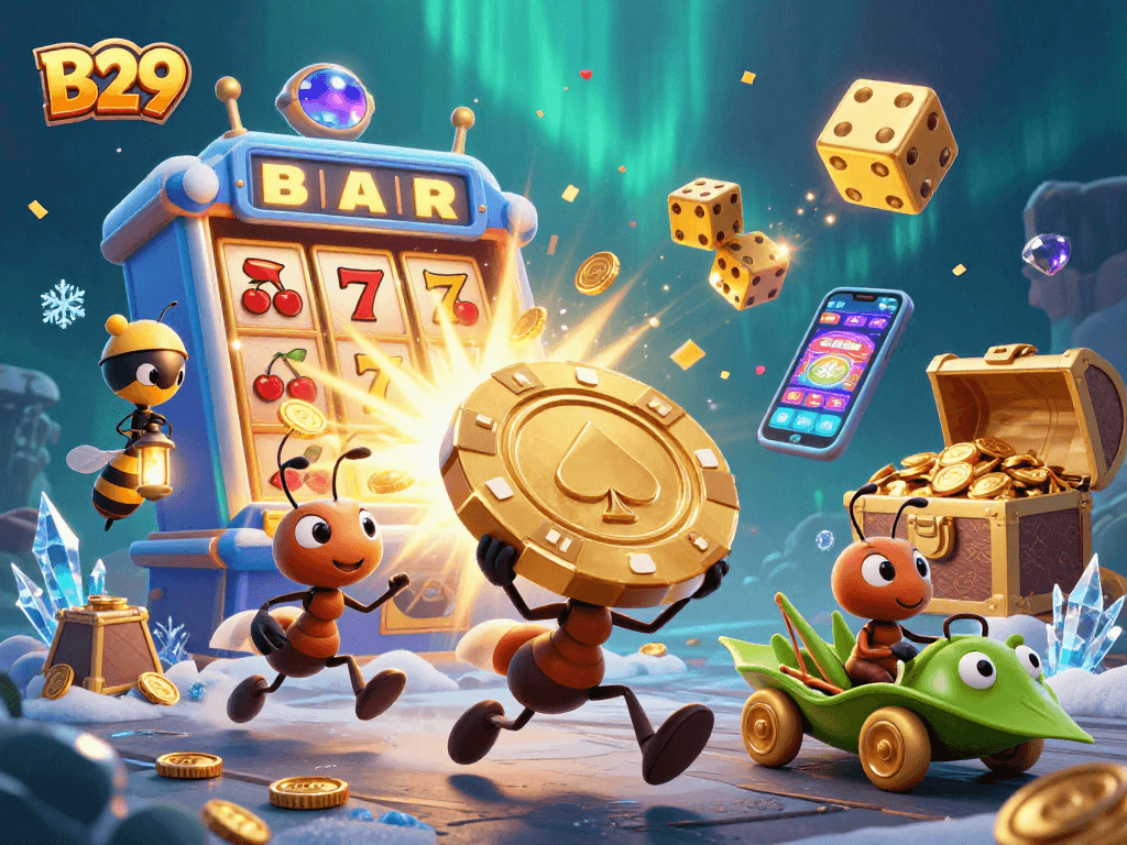 B29 promotional image showing ants stealing a giant poker chip with exciting casino elements around.
