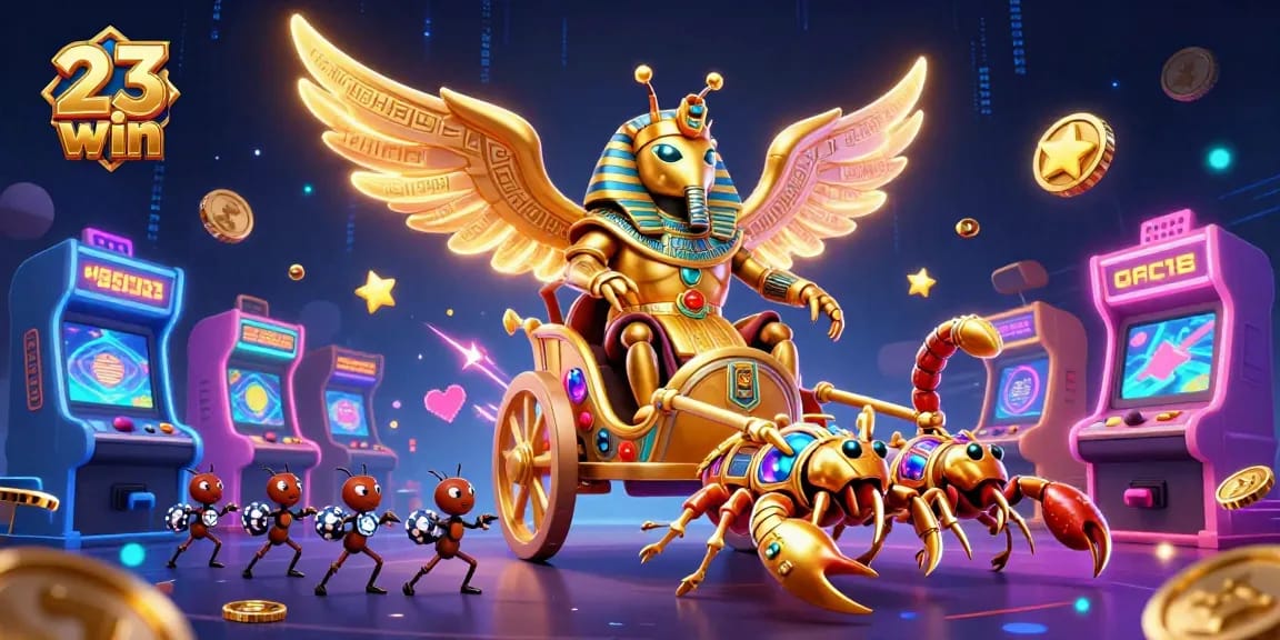 Engage in thrilling action at 23 win with vibrant casino games, showcasing the golden scarab and interactive gaming elements.