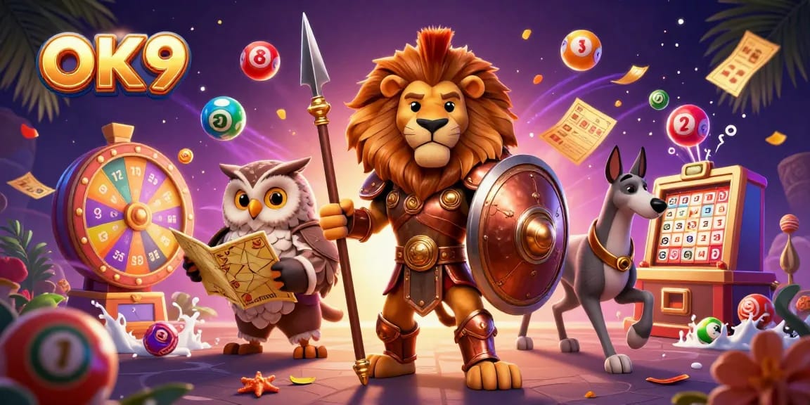 OK9 engages players with colorful lottery balls and golden prizes in a dynamic casino scene.