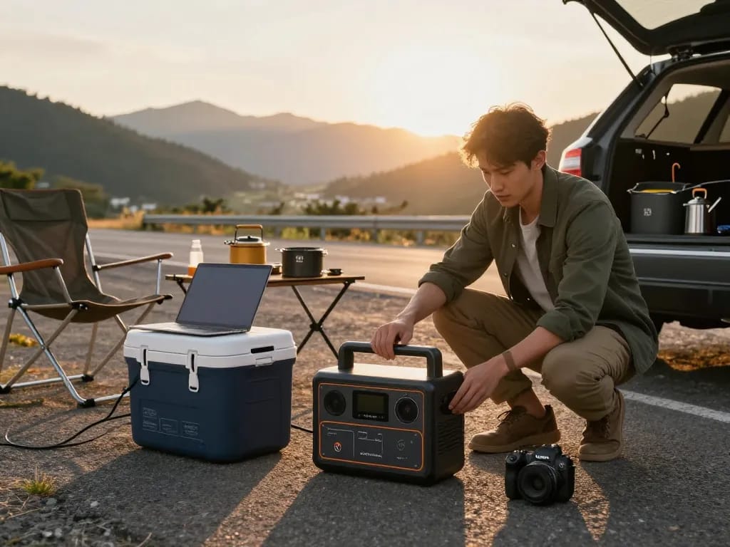 Reiziger die een omvormer gebruikt om een laptop en koelbox van stroom te voorzien tijdens het kamperen in de buitenlucht