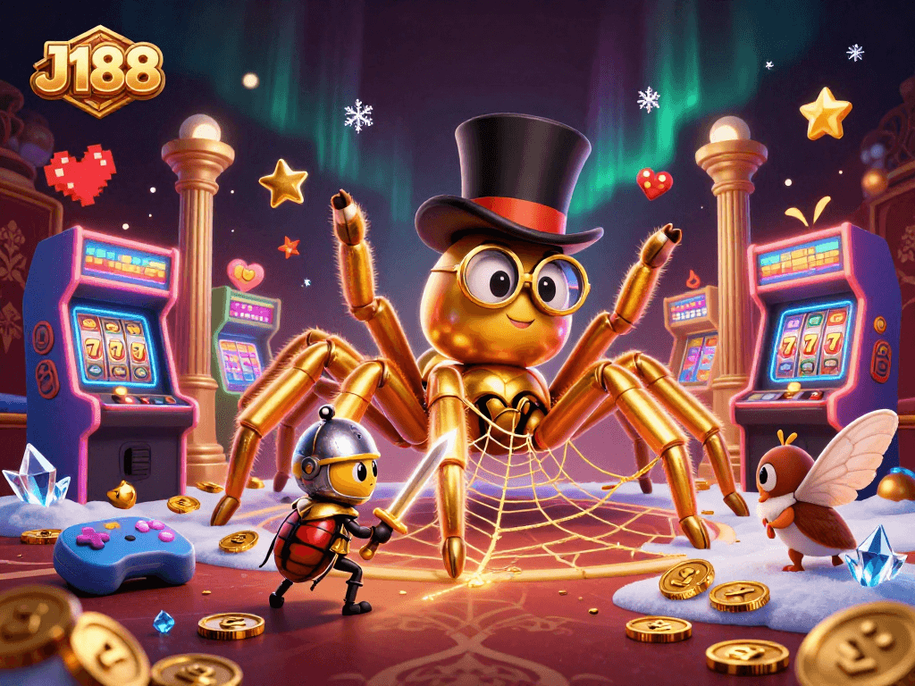 Engage with J188's vibrant casino adventure featuring a golden tarantula and beetle knight.