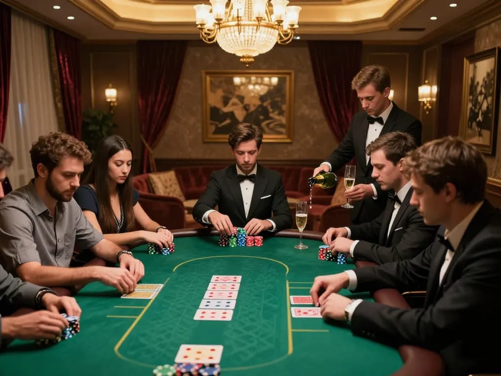 Kong88 players strategizing at an exclusive poker table in a luxurious VIP gaming room