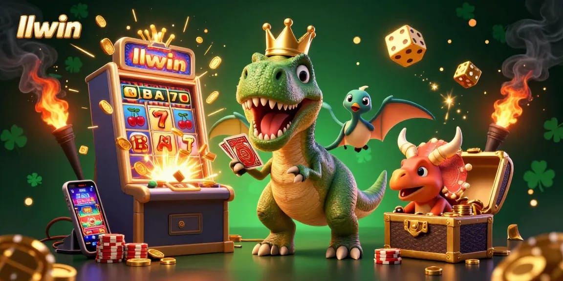 Join the fun at llwin with a playful T-Rex and friends in a vibrant casino scene.