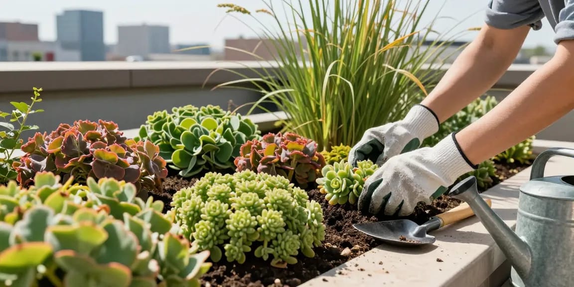 Ontdek de sedum prijs per m2 in een levendige daktuin met weelderige planten.