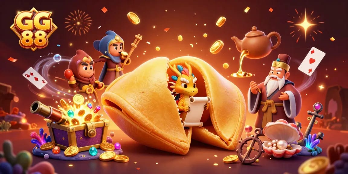 Experience the excitement of GG 88 with a dynamic illustration featuring a golden fortune cookie, fortune scrolls, and enchanting guardians.